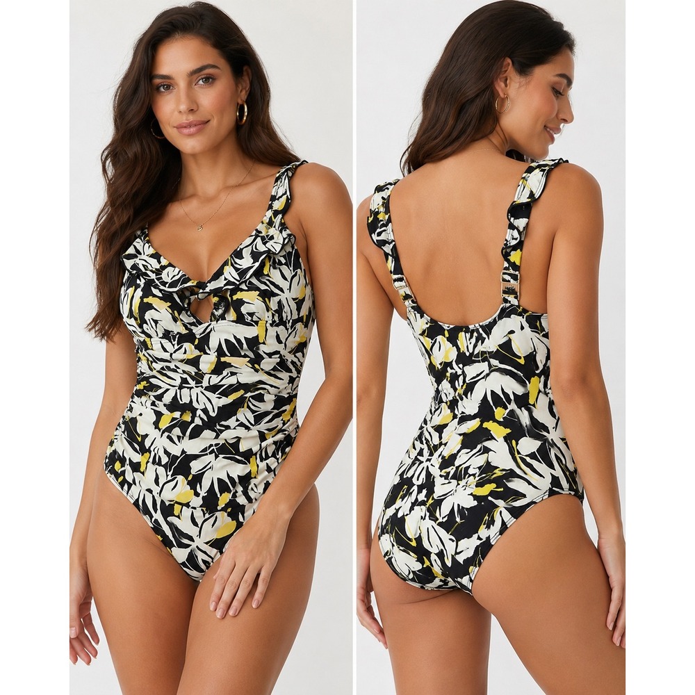 DKNY Womens Small One Piece Swimsuit‎ Black White Yellow Floral  Tummy Control
